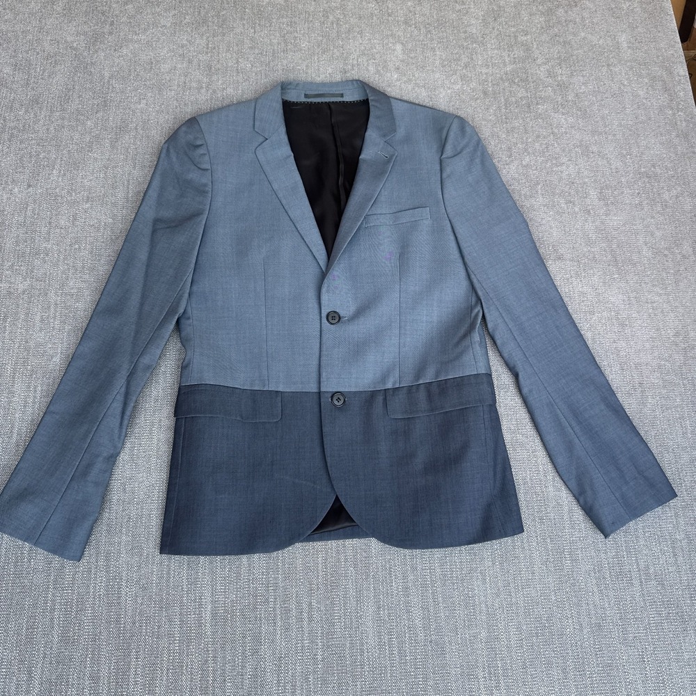 Topman Austin Blazer Jacket Mens 38 Blue Two-Tone Wool Single Breasted Formal